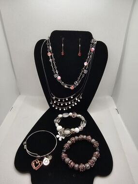 Multi-Strand Pink & Silver Metal And Bead Jewelry Bundle